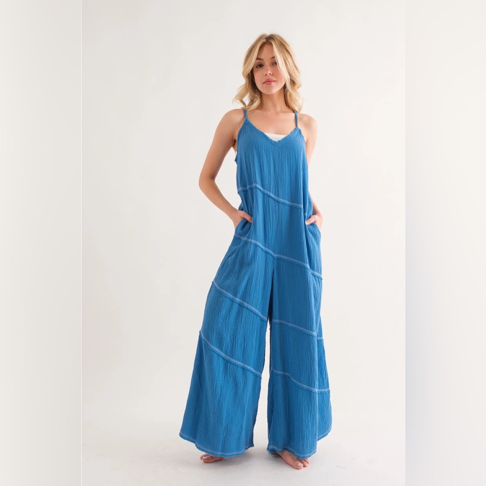 Contrast Stitch Jumpsuit with Adjustable Spaghetti Straps Blue Small